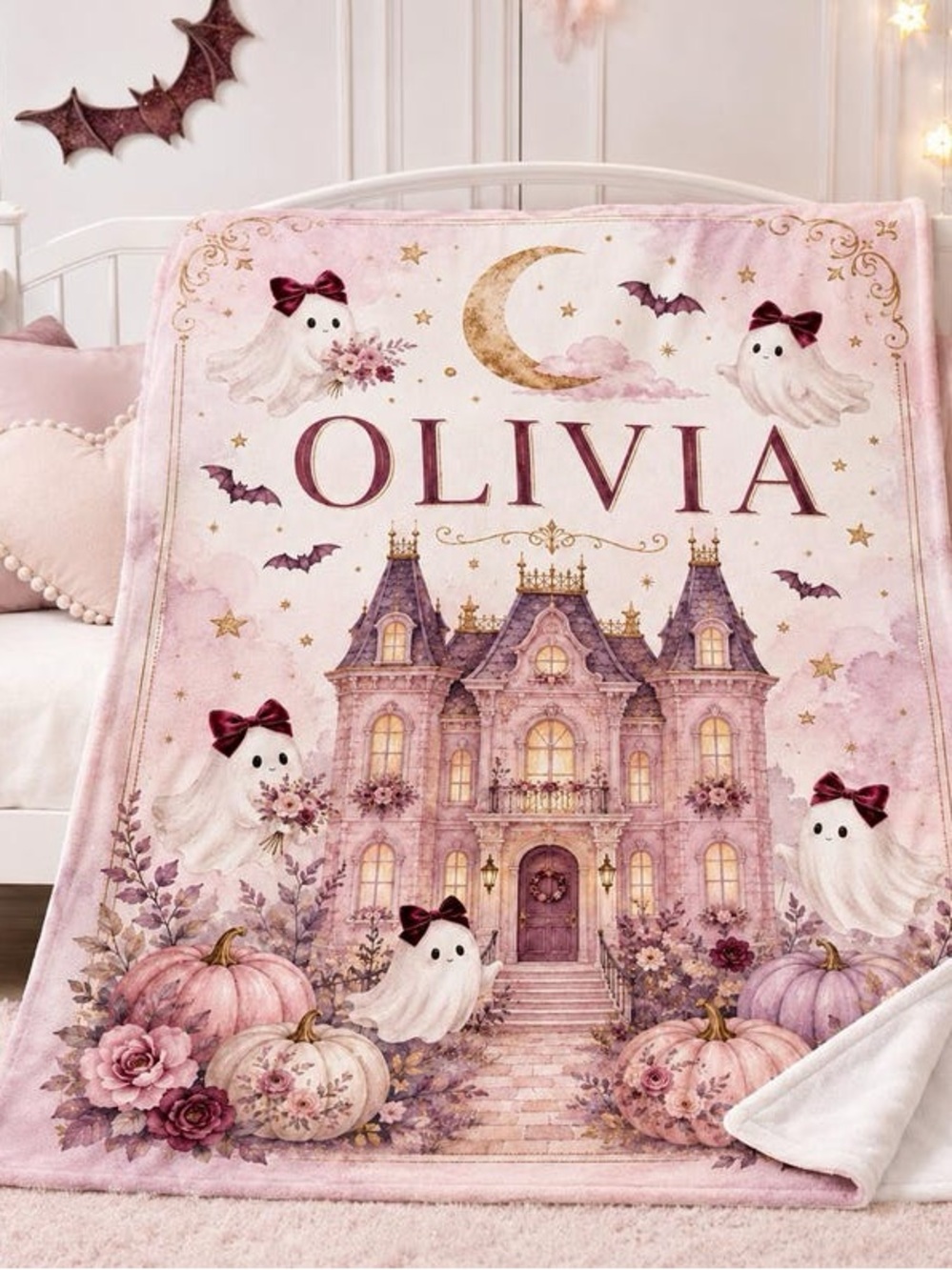 Personalized Pink Olivia Halloween Plush Throw Blanket